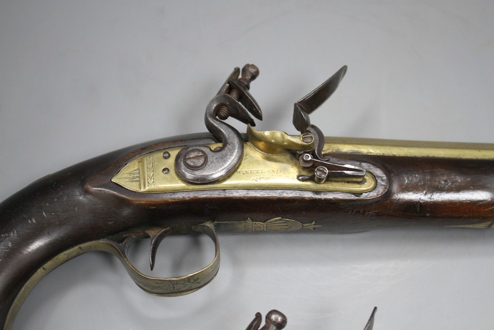 A pair of flintlock holster pistols by W. Ketland & Co, late 18th century,